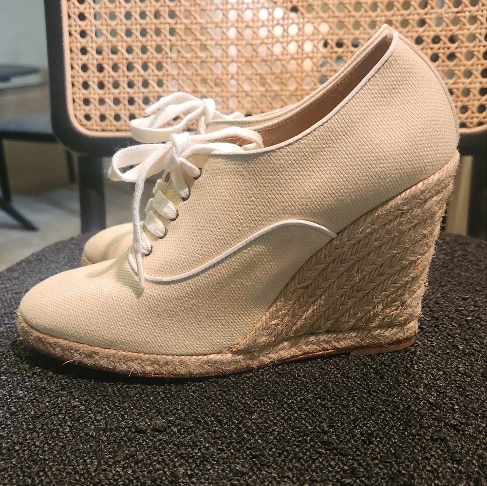 Christian Louboutin Canvas Beige Espadrille Wedges Lace up EU 37/ US 6-7 - Picture 2 of 9